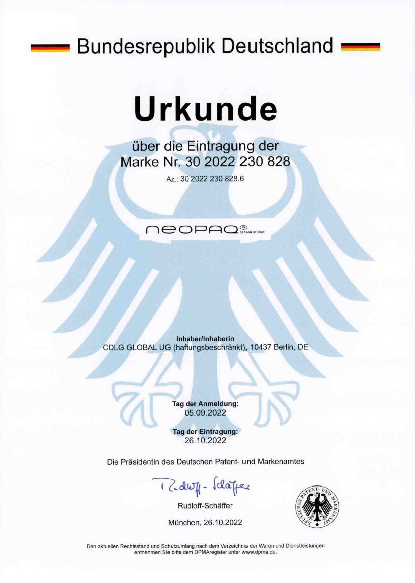 Markenurkunde des Deutschen Patent- und Markenamtes für NEOPAQ®, Marke Nr. 30 2022 230 828